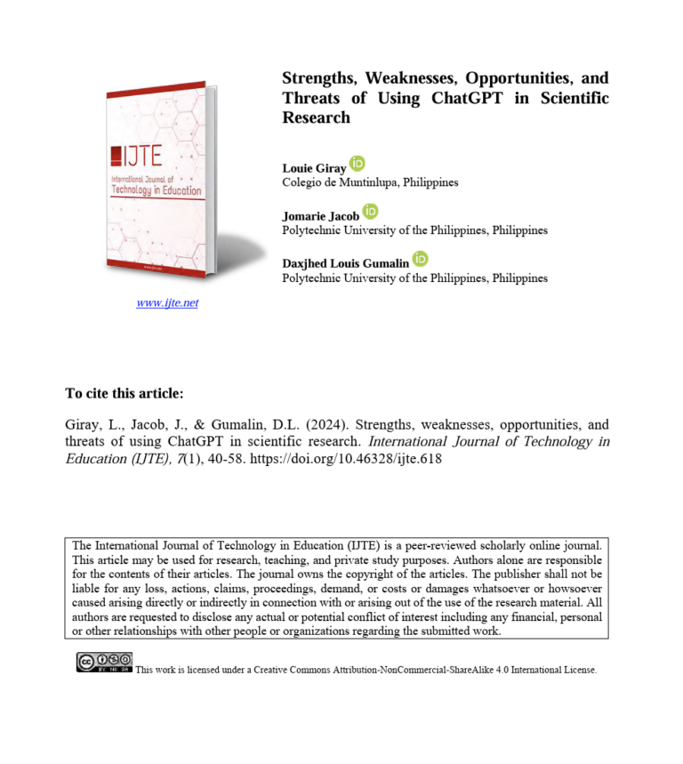 Strengths, Weaknesses, Opportunities, and Threats of Using ChatGPT in Scientific Research