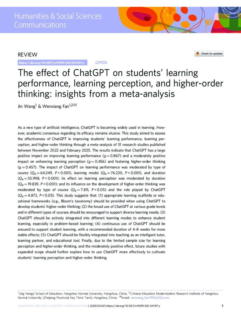 The effect of ChatGpt on student's learning performance, perception, and higher order thinking
